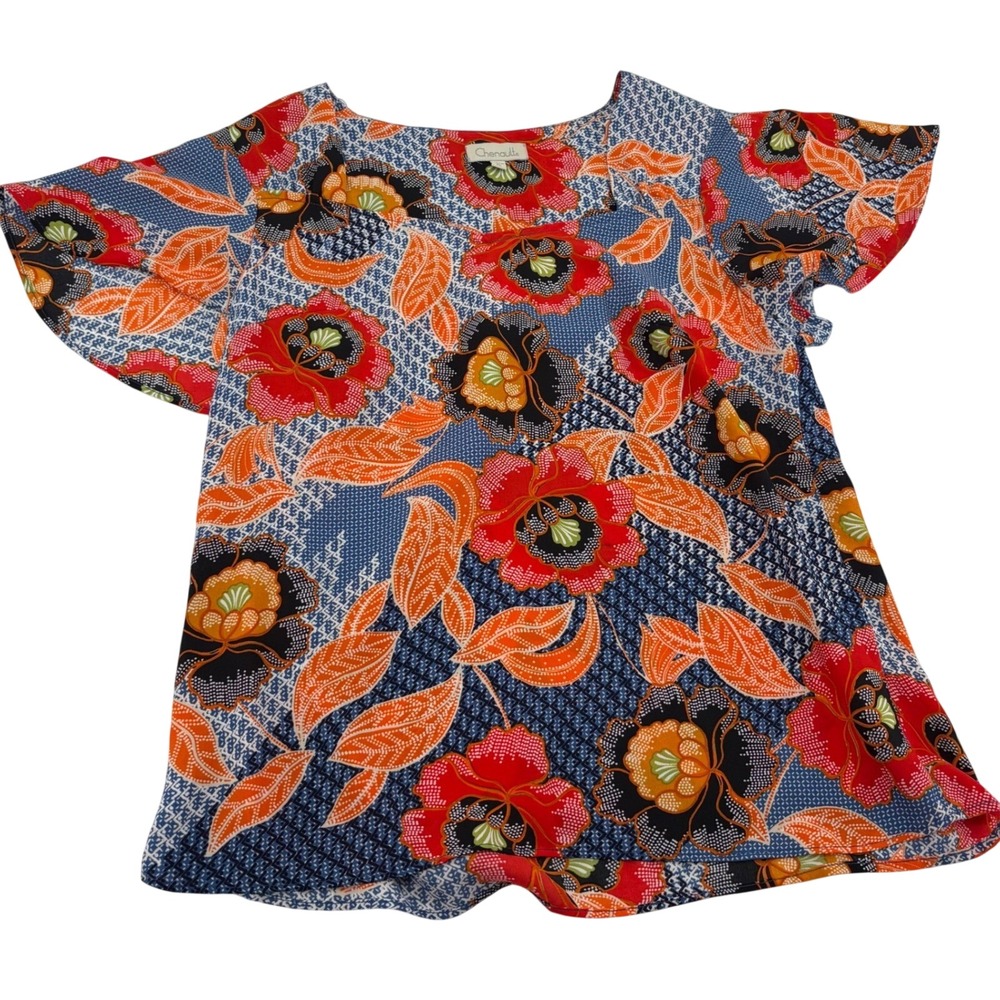 Chenault Womens Petite Large Floral Batik Print Flutter Sleeve Blouse Red Blue